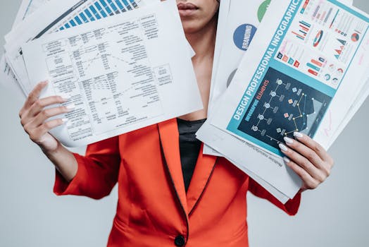 A professional in orange attire holding various business documents and infographics.