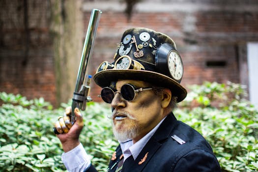 Portrait of a steampunk-styled man holding a pistol, outdoors.